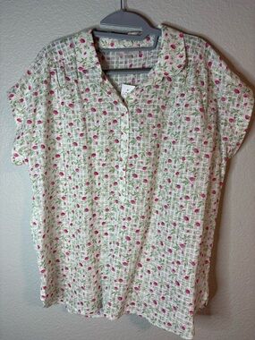 LOFT White Short-Sleeve Quilted Tunic with Pink Floral Print